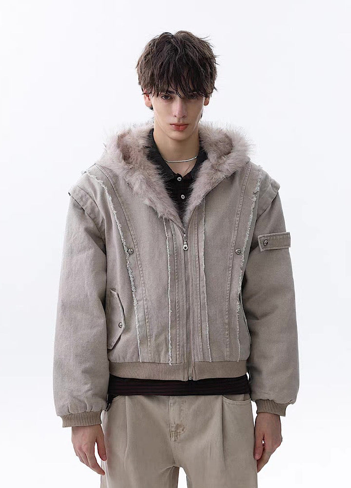 【MR nearly】Fleece-lined fringe distressed denim design fur hoodie jacket  MR0166