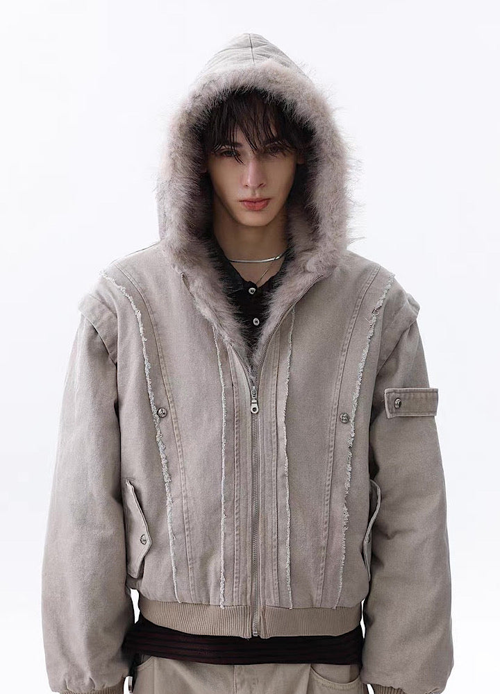 【MR nearly】Fleece-lined fringe distressed denim design fur hoodie jacket  MR0166