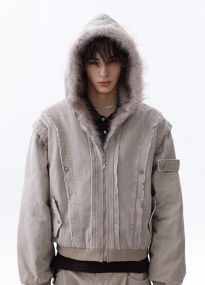【MR nearly】Fleece-lined fringe distressed denim design fur hoodie jacket  MR0166