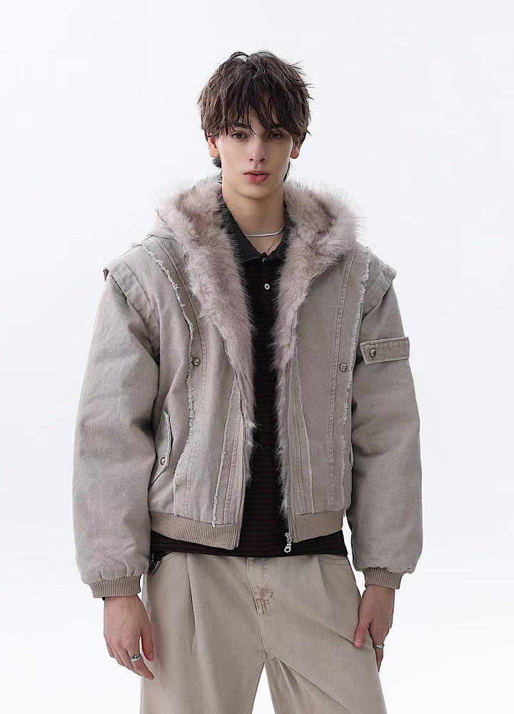 【MR nearly】Fleece-lined fringe distressed denim design fur hoodie jacket  MR0166