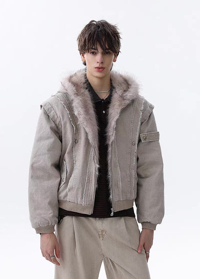 【MR nearly】Fleece-lined fringe distressed denim design fur hoodie jacket  MR0166