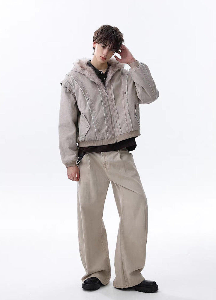 【MR nearly】Fleece-lined fringe distressed denim design fur hoodie jacket  MR0166