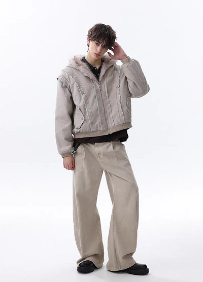 【MR nearly】Fleece-lined fringe distressed denim design fur hoodie jacket  MR0166