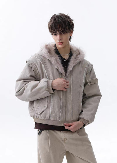 【MR nearly】Fleece-lined fringe distressed denim design fur hoodie jacket  MR0166