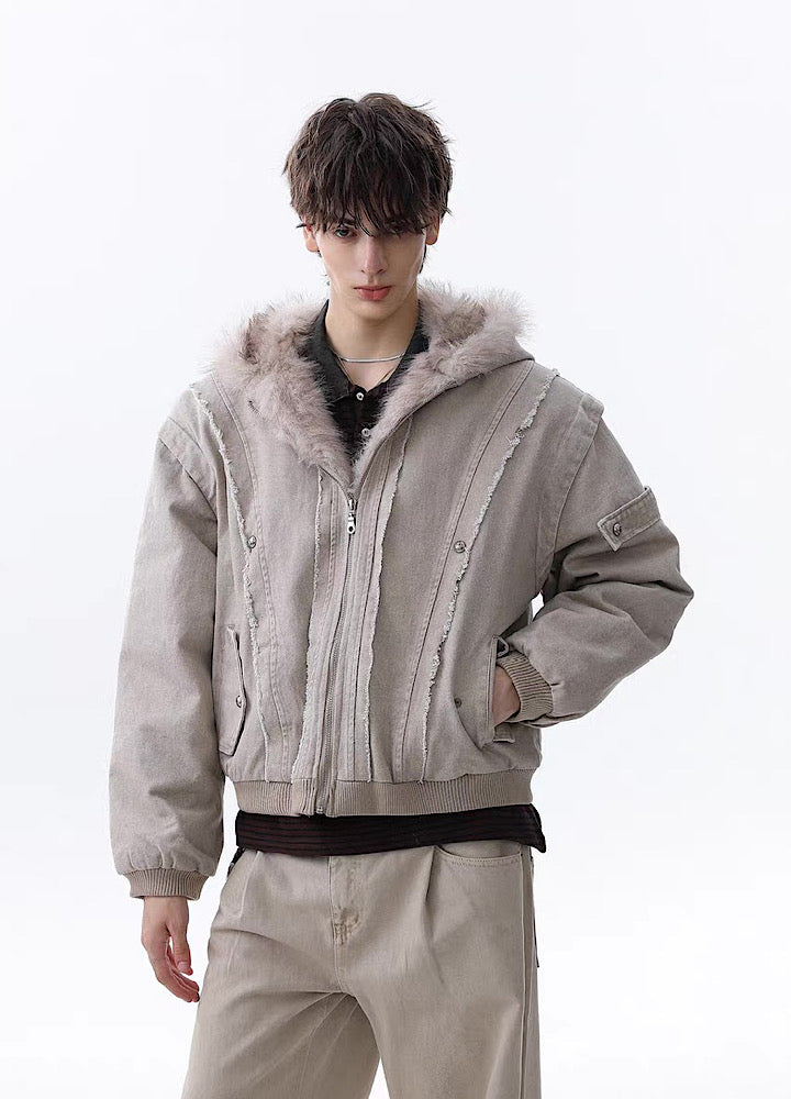 【MR nearly】Fleece-lined fringe distressed denim design fur hoodie jacket  MR0166