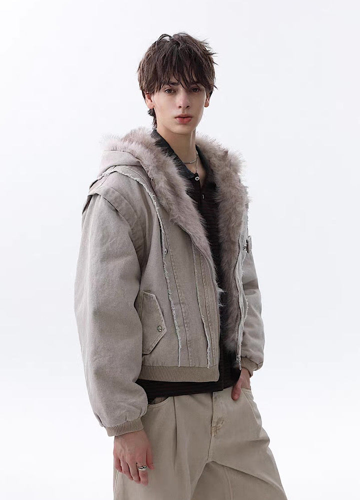 【MR nearly】Fleece-lined fringe distressed denim design fur hoodie jacket  MR0166