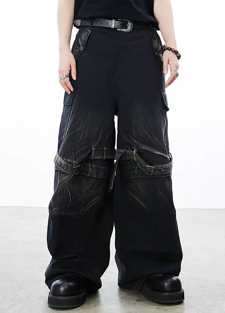 【0-CROWORLD】High wide silhouette belt knee look denim pants  CR0076