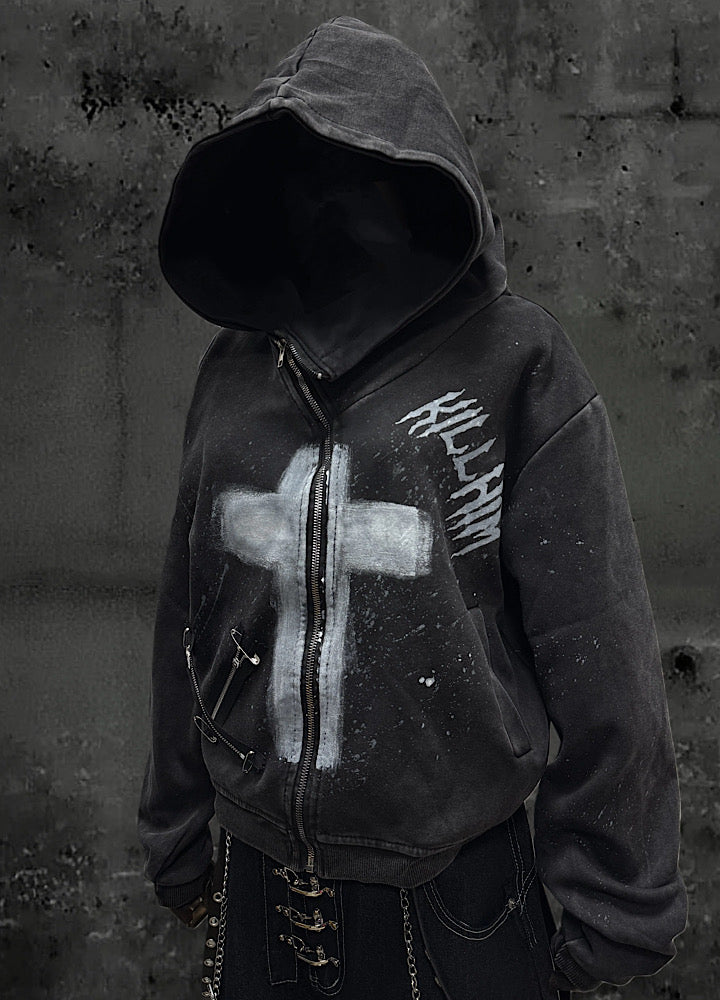【Miub】Front cross design remake form full zip short length hoodie  MB0011