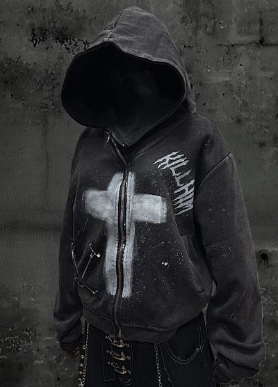 【Miub】Front cross design remake form full zip short length hoodie  MB0011
