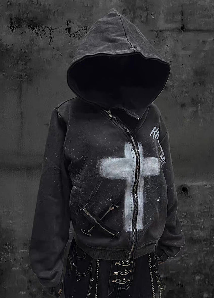 【Miub】Front cross design remake form full zip short length hoodie  MB0011