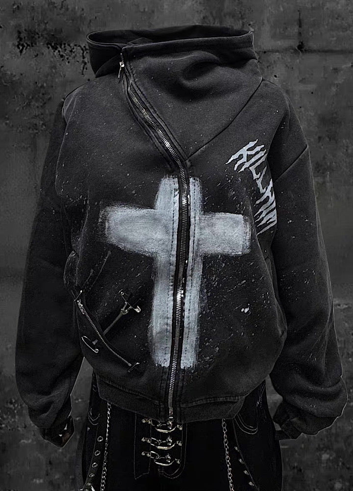 【Miub】Front cross design remake form full zip short length hoodie  MB0011