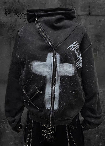 【Miub】Front cross design remake form full zip short length hoodie  MB0011