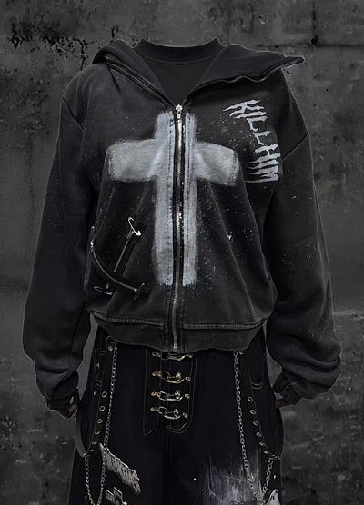 【Miub】Front cross design remake form full zip short length hoodie  MB0011