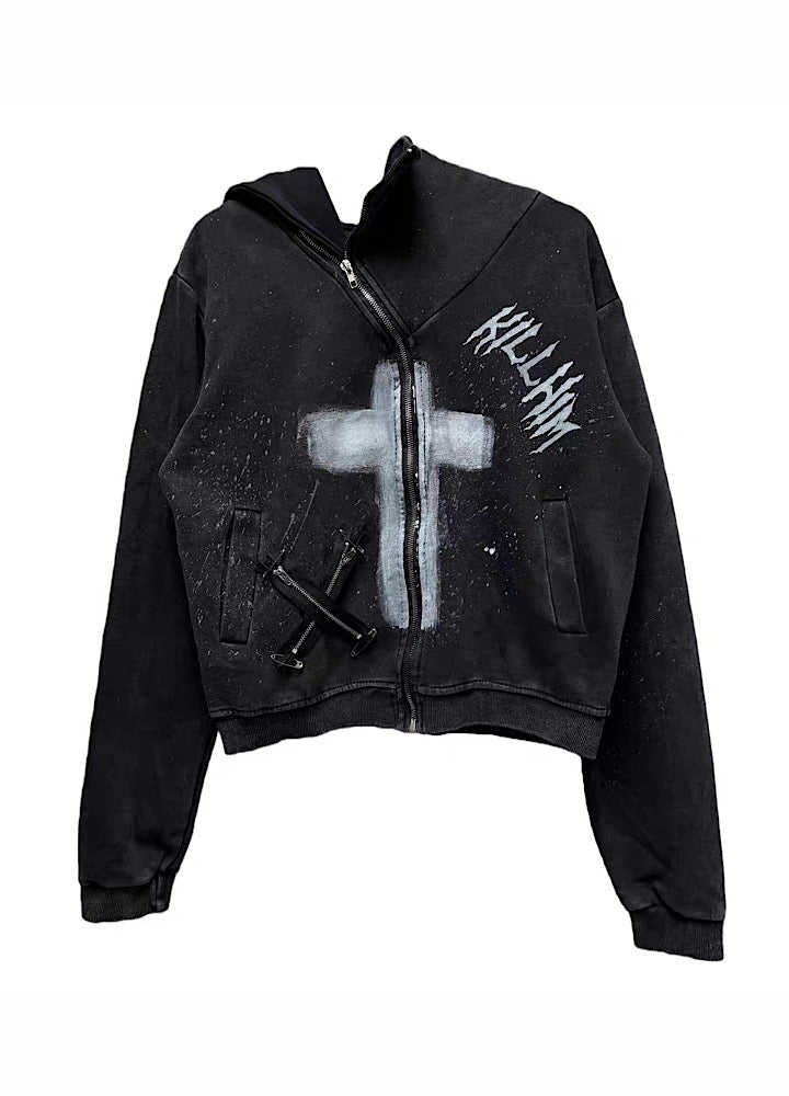 【Miub】Front cross design remake form full zip short length hoodie  MB0011