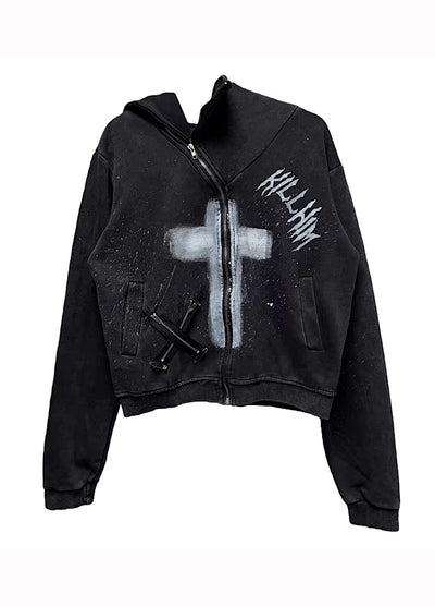 【Miub】Front cross design remake form full zip short length hoodie  MB0011