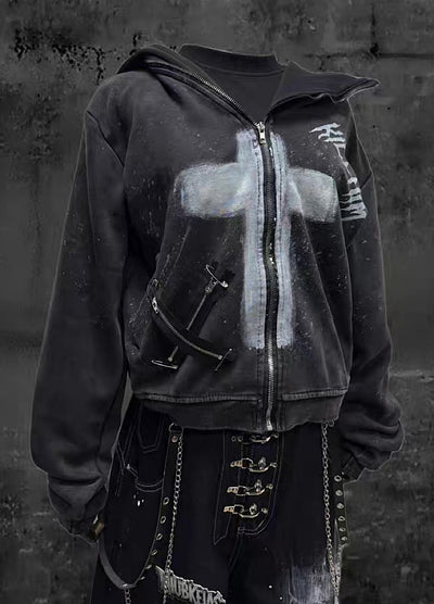 【Miub】Front cross design remake form full zip short length hoodie  MB0011