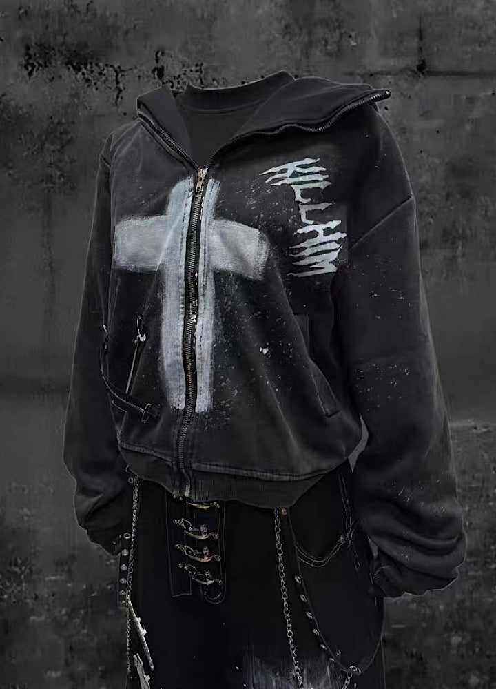 【Miub】Front cross design remake form full zip short length hoodie  MB0011