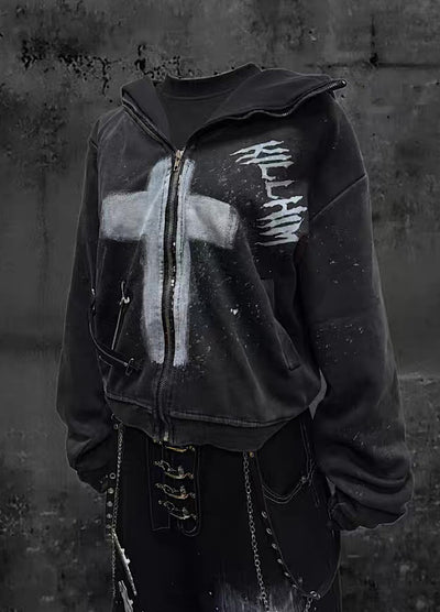 【Miub】Front cross design remake form full zip short length hoodie  MB0011