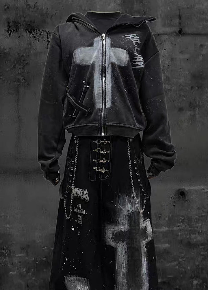 【Miub】Front cross design remake form full zip short length hoodie  MB0011