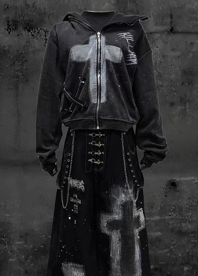 【Miub】Front cross design remake form full zip short length hoodie  MB0011