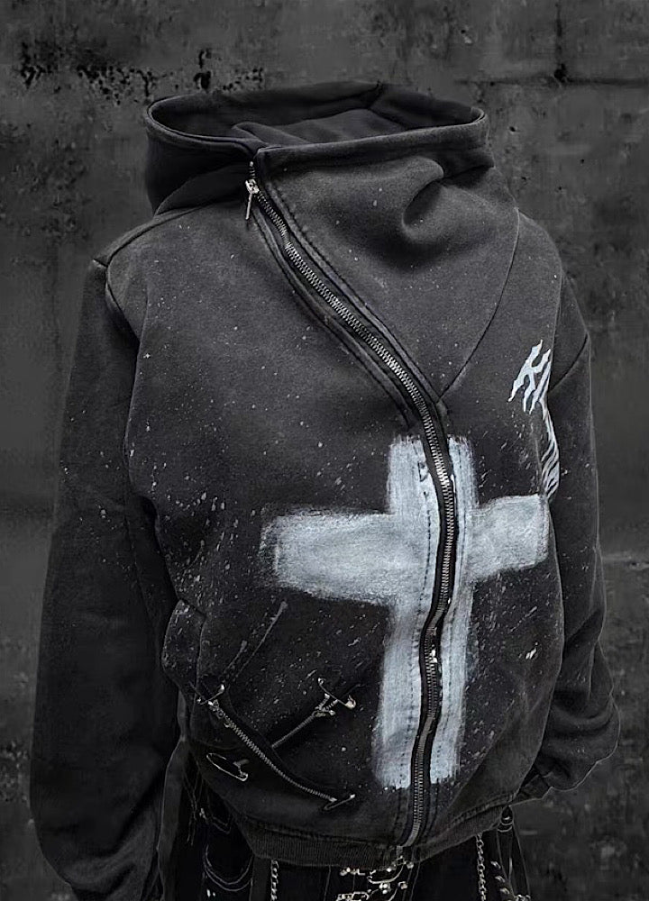 【Miub】Front cross design remake form full zip short length hoodie  MB0011