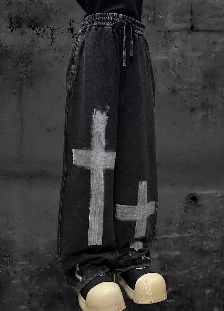 【Miub】Double cross design muted wash color sweatpants  MB0012