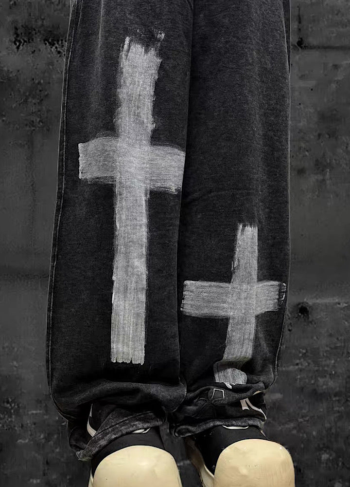 【Miub】Double cross design muted wash color sweatpants  MB0012