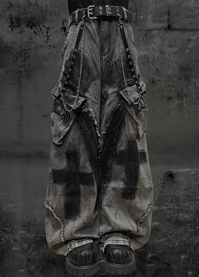 【Miub】Cross painted double design dull gray cargo denim pants  MB0013