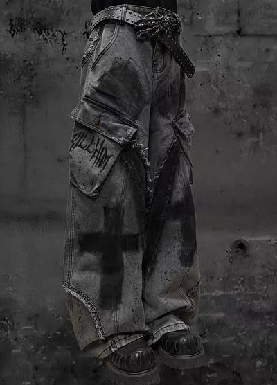 【Miub】Cross painted double design dull gray cargo denim pants  MB0013