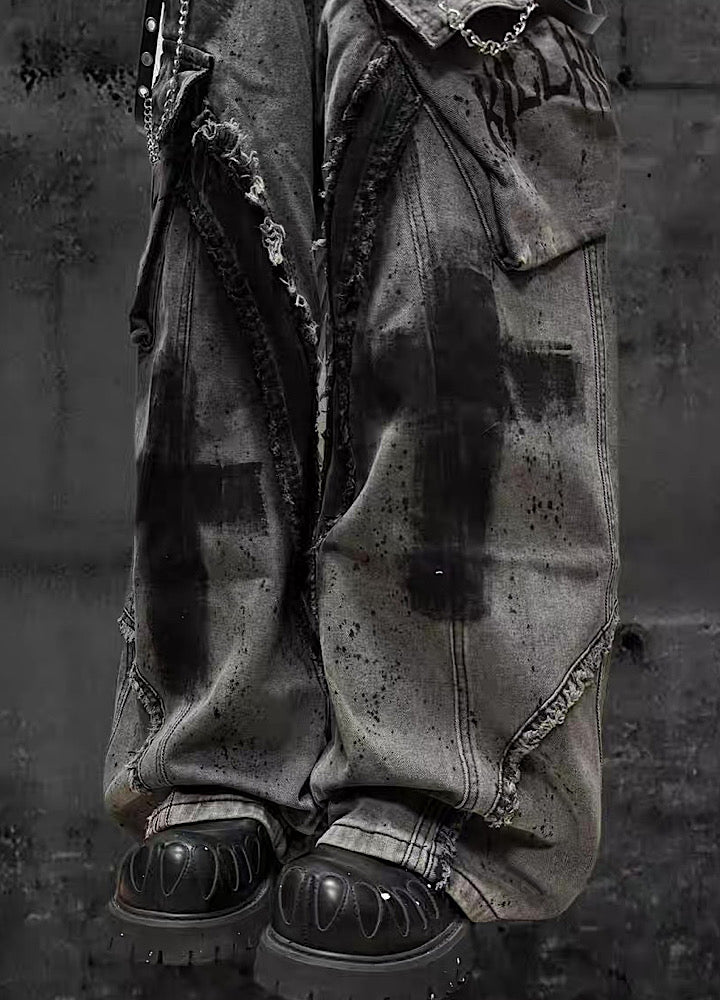 【Miub】Cross painted double design dull gray cargo denim pants  MB0013