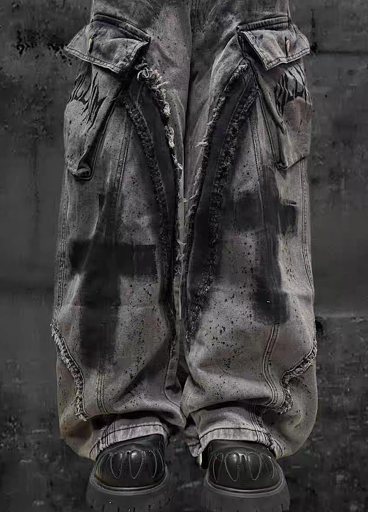 【Miub】Cross painted double design dull gray cargo denim pants  MB0013