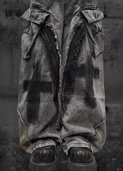【Miub】Cross painted double design dull gray cargo denim pants  MB0013