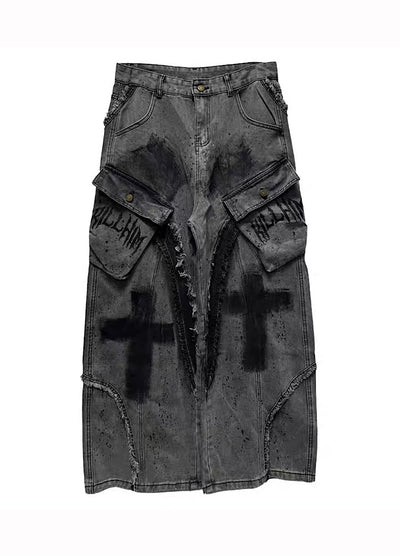 【Miub】Cross painted double design dull gray cargo denim pants  MB0013