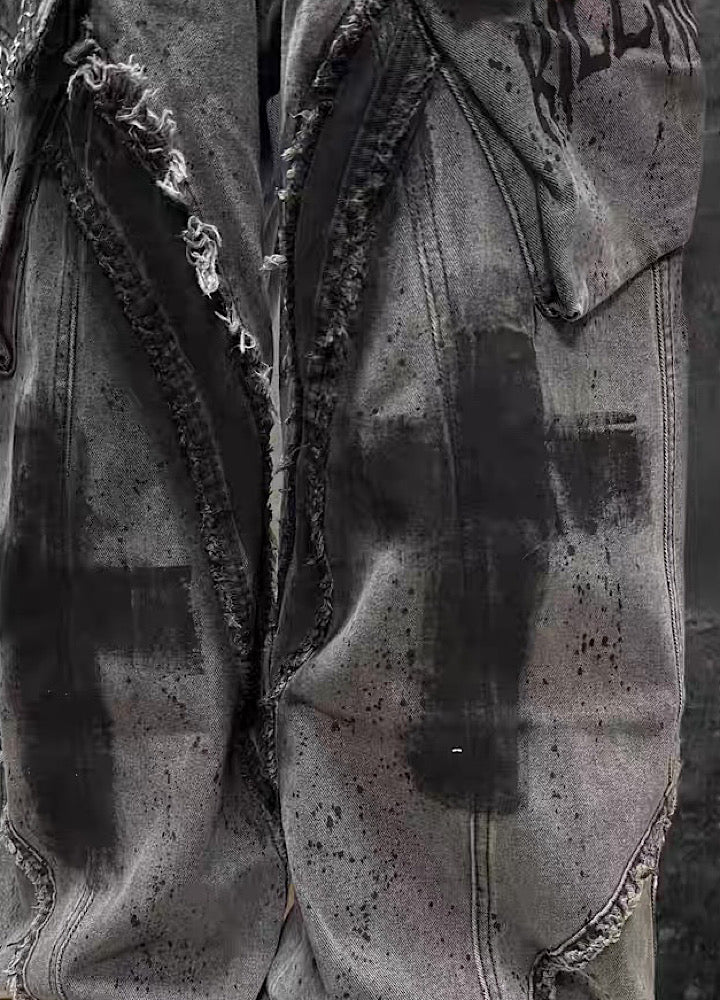 【Miub】Cross painted double design dull gray cargo denim pants  MB0013