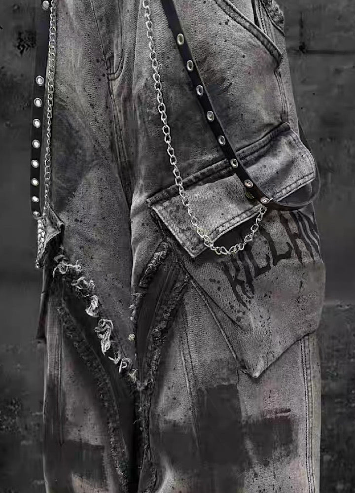 【Miub】Cross painted double design dull gray cargo denim pants  MB0013