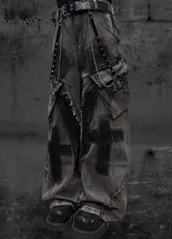 【Miub】Cross painted double design dull gray cargo denim pants  MB0013