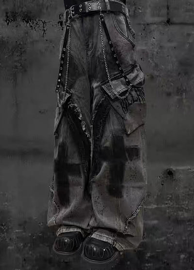 【Miub】Cross painted double design dull gray cargo denim pants  MB0013