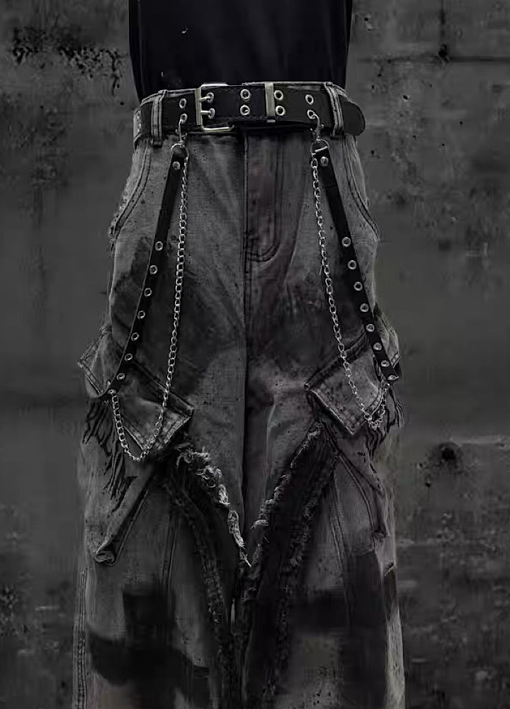 【Miub】Cross painted double design dull gray cargo denim pants  MB0013