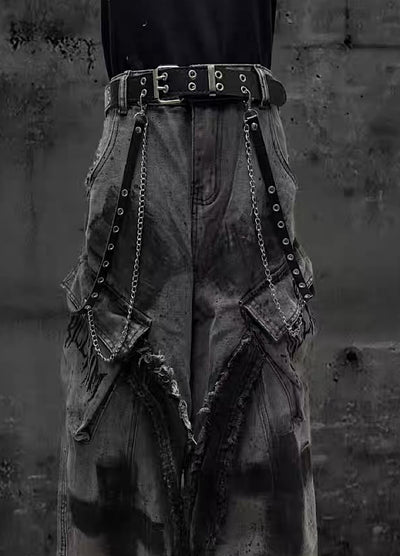 【Miub】Cross painted double design dull gray cargo denim pants  MB0013