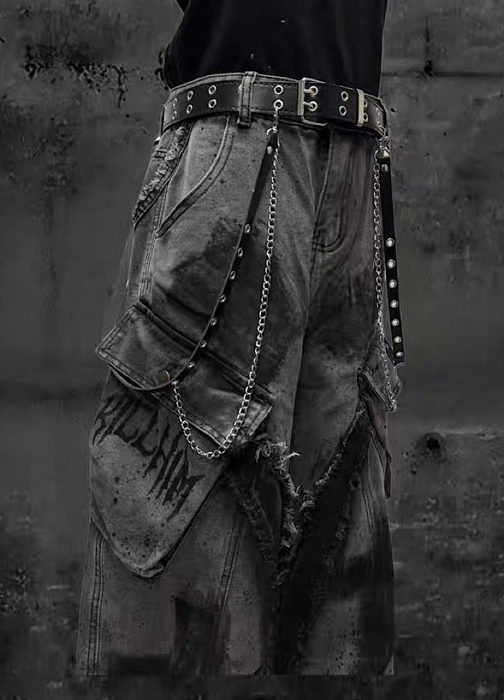 【Miub】Cross painted double design dull gray cargo denim pants  MB0013