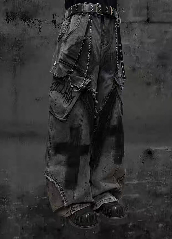 【Miub】Cross painted double design dull gray cargo denim pants  MB0013