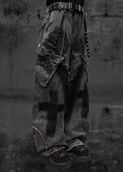 【Miub】Cross painted double design dull gray cargo denim pants  MB0013