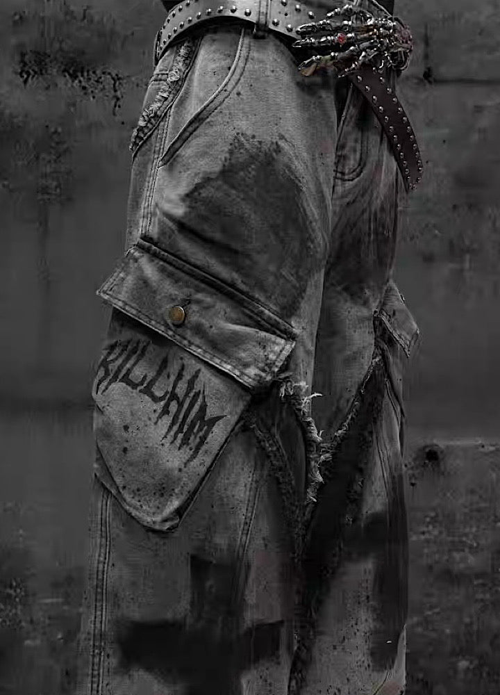 【Miub】Cross painted double design dull gray cargo denim pants  MB0013