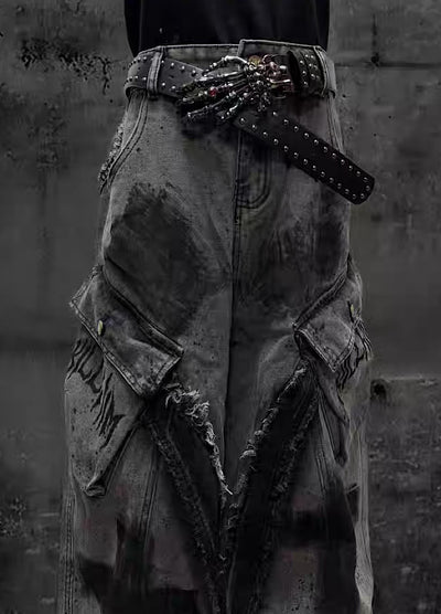 【Miub】Cross painted double design dull gray cargo denim pants  MB0013