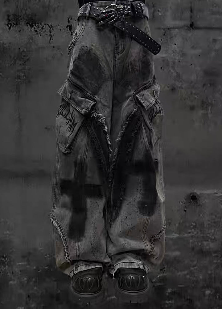 【Miub】Cross painted double design dull gray cargo denim pants  MB0013