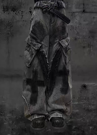 【Miub】Cross painted double design dull gray cargo denim pants  MB0013