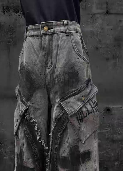 【Miub】Cross painted double design dull gray cargo denim pants  MB0013