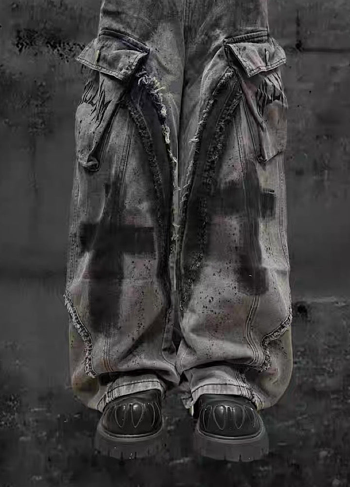 【Miub】Cross painted double design dull gray cargo denim pants  MB0013