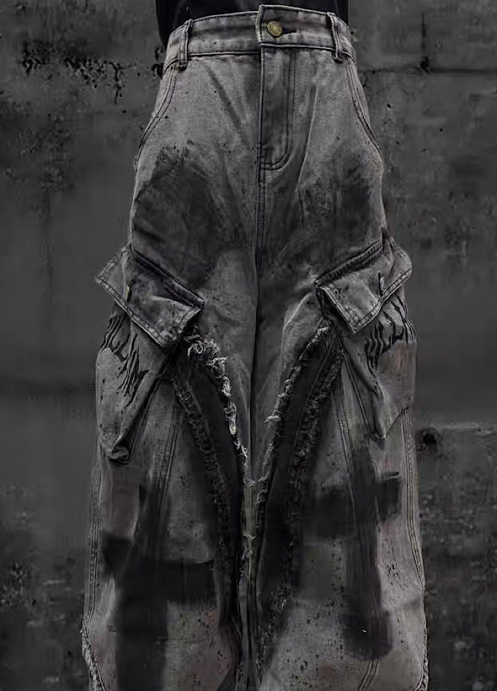 【Miub】Cross painted double design dull gray cargo denim pants  MB0013