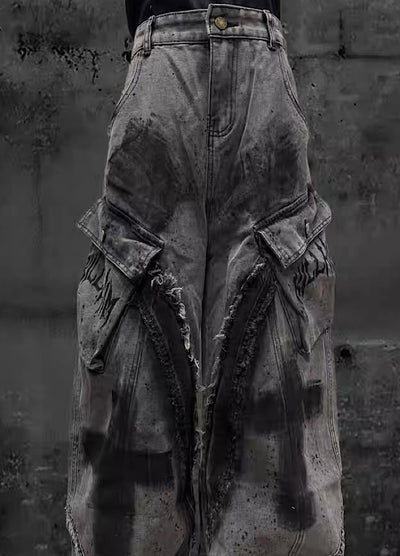 【Miub】Cross painted double design dull gray cargo denim pants  MB0013